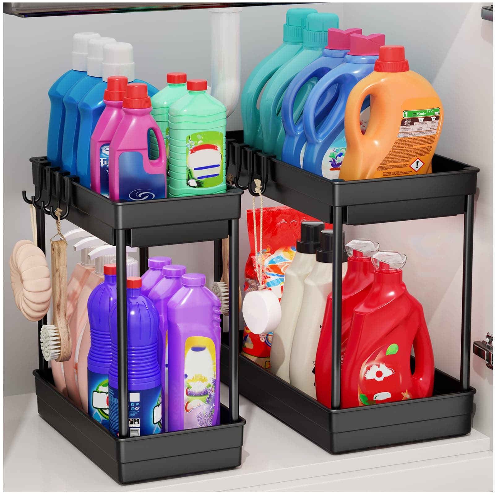 2 Pack Under Sink Storage - 2 Tier Kitchen Storage and Organisation Cupboard Organiser, Under Sink Shelf, Under Cabinet Organizer with Hooks, for Bathroom Kitchen Countertop, 2 Size 1L+1M