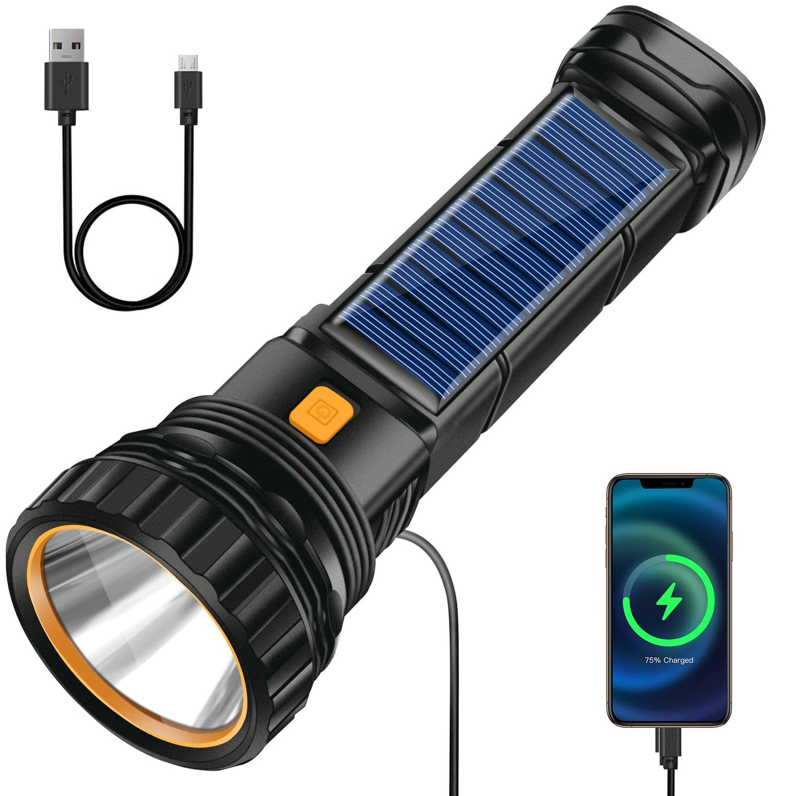 Solar LED Torch, USB Rechargeable Solar Torch, LED Torch with 3 Modes, LED Strobe Waterproof Torch, Torch Lamp Ideal for Fishing, Emergency, Outdoor