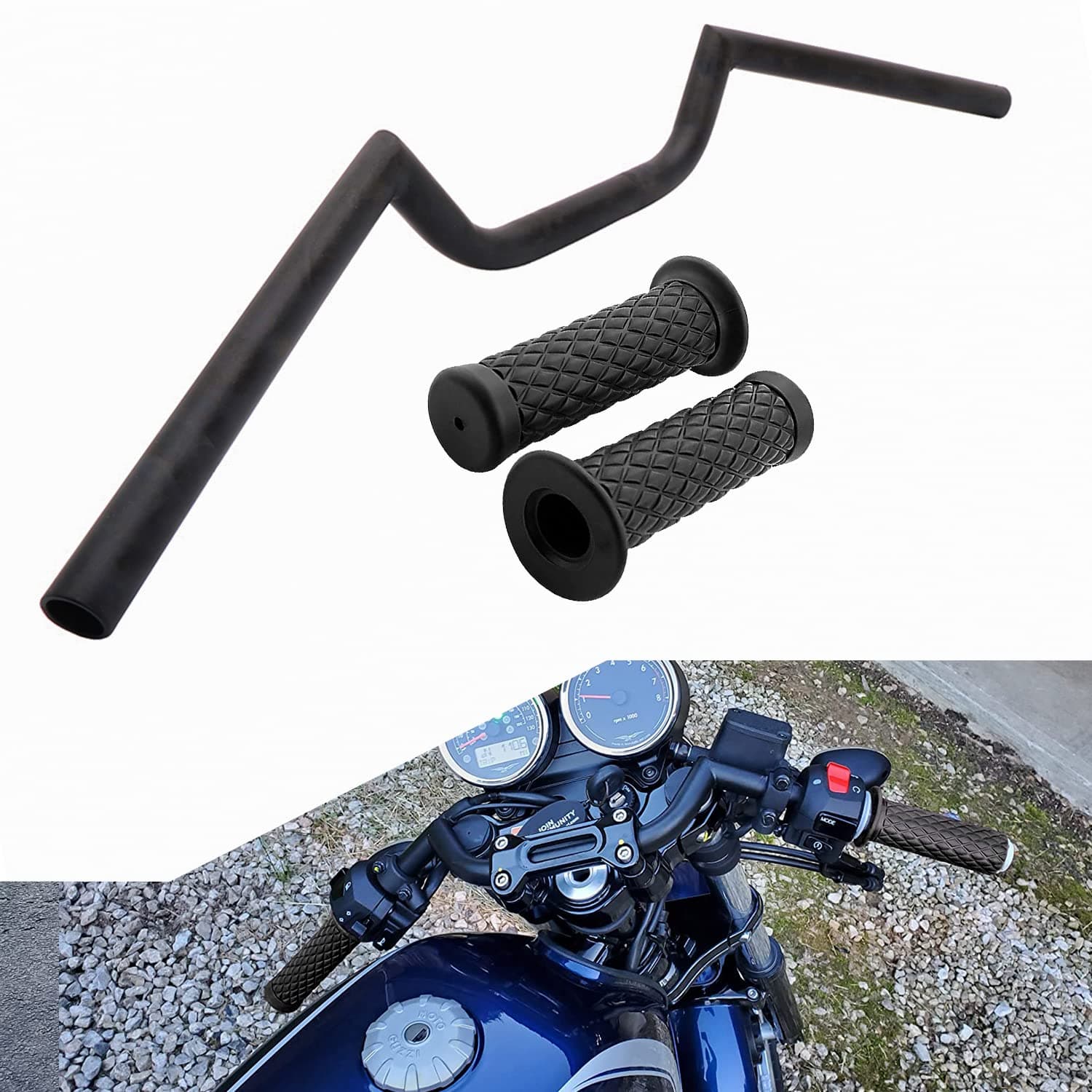 AnXin Motorcycle 7/8'' 22MM Handlebar with Rubber Handlebar Grips Cafe Racer Ace Clubman Style Handlebars Universal for Bobber Custom Application Black