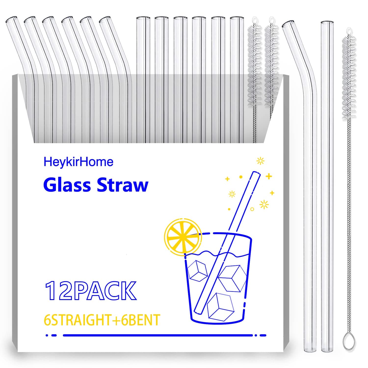 12-Pack Reusable Glass Straw,Size 8.5''x10 MM,Including 6 Straight and 6 Bent with 2 Cleaning Brush- Perfect For Smoothies, Tea, Juice