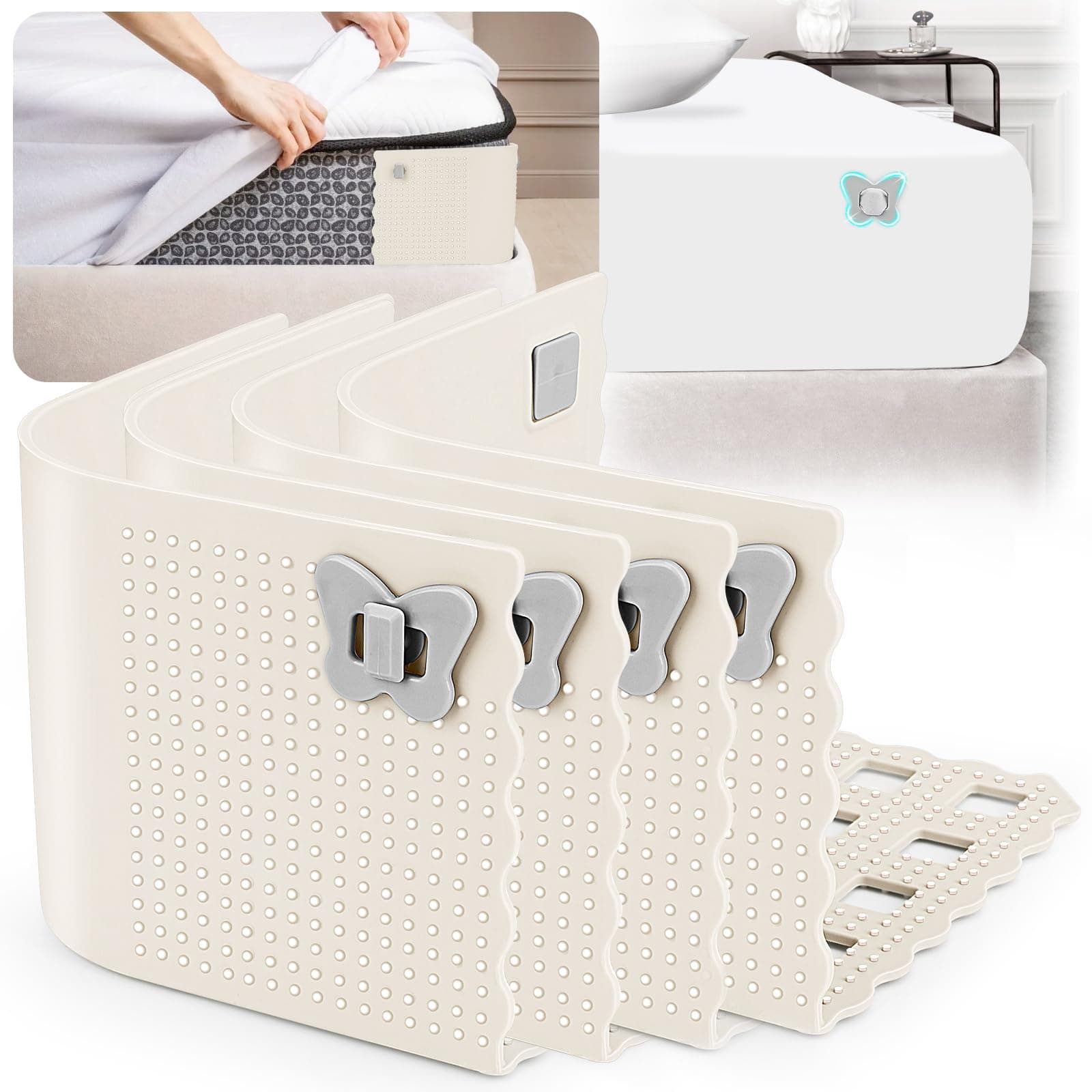 Haldane Bed Sheet Holders with Lock, Bed Sheet Straps Keep Sheets in Place Firm & Tight, Bed Sheet Clips for Lateral Sleepers and Restless Partners, Sheet Corner Holders, Beige