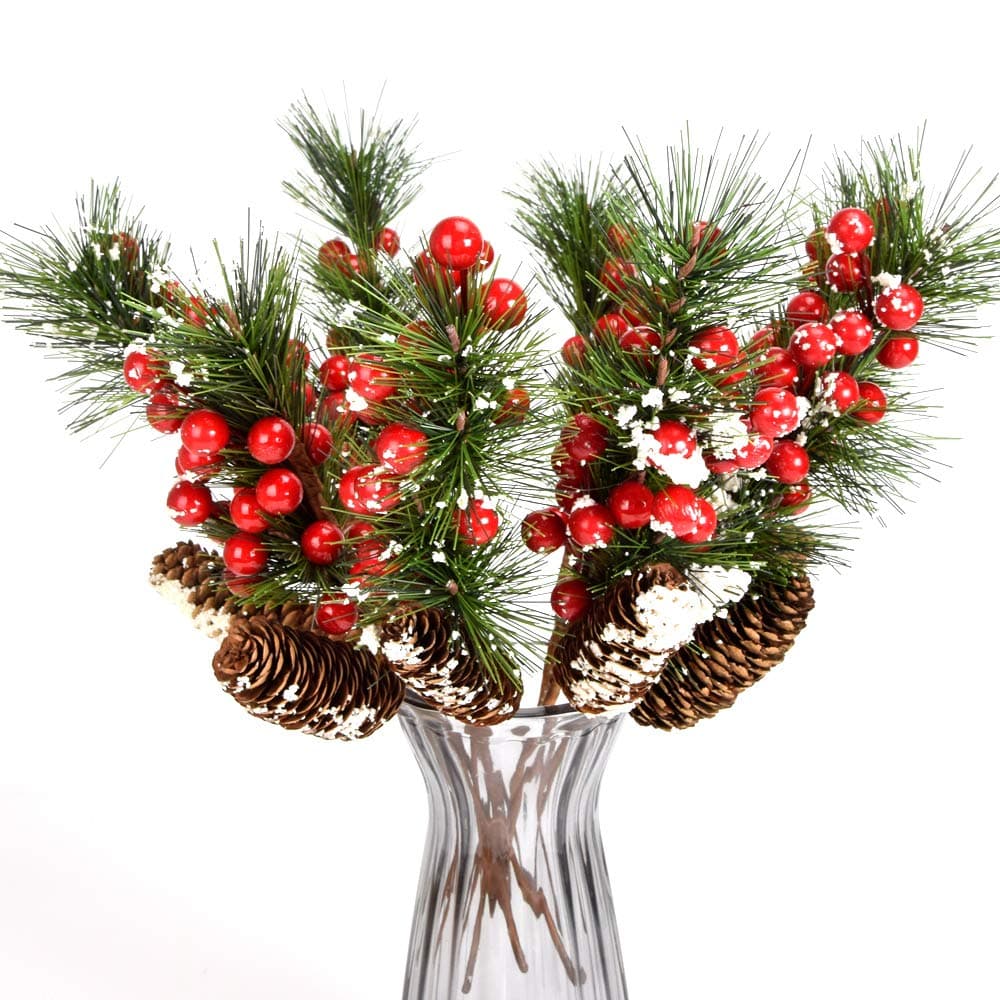 YSBER 8 Pieces -13 Inch Artificial Berries Branch Plastic Fake Flowers –Snow Flocked Red Holly Berry Pine Cone for DIY Christmas Crafts Party Festive Home Décor