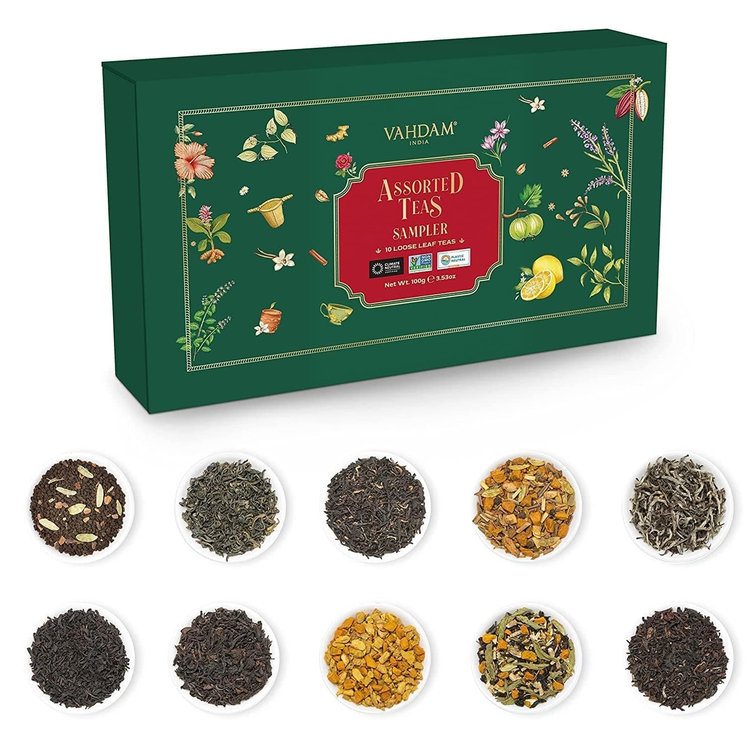 – Top 10 Favourites Tea Sampler Set | Loose Leaf Tea (50+ Cups) | Tea Variety Pack with Green, Herbal, Black & Chai Brew | Vacuum Sealed For Freshness | Brew Hot & Cold