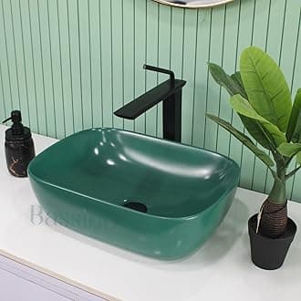 BASSINO Ceramic Counter Top Wash Basin/Green Basin for Bathroom/Rectangular Shape Tabletop Washbasin for Restaurant/Dining Hall/Living Room/Hotel(18 x 13 x 5.5 Inch/Electroplated Finish)