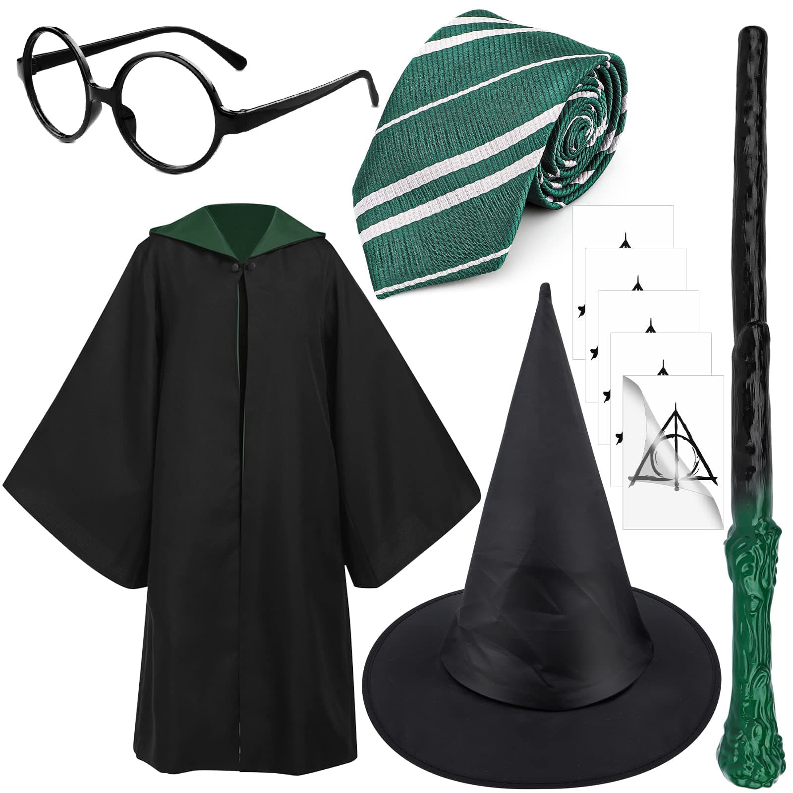 Magic Unisex Costume Robe Cape Accessories with Wizard Wand Tie Magic Hat Glasses Frame Tattoo for Boys Girls Adults Kids