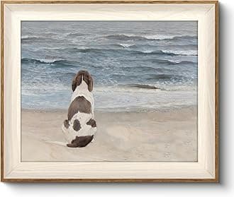 VIYYIEA Framed Canvas Wall Art, Vintage Wall Art for Living Room, Pets Animals Oil Painting Picture Summer Home Decor Bathroom Wall Decor Gifts for Friends or Family -【Dog and Sea】-(10"x12")