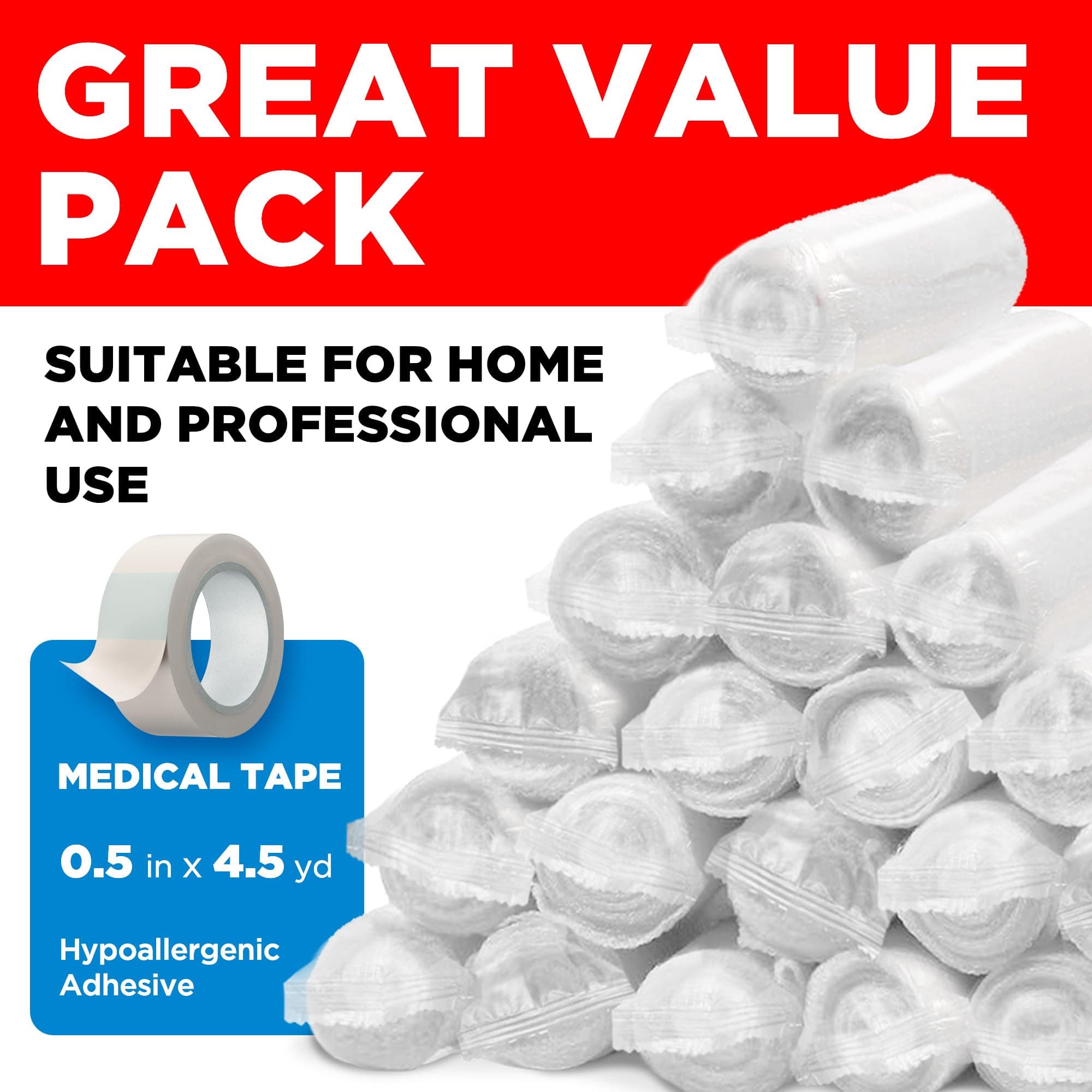 Mighty-X Premium Gauze Rolls - (20 Pack) - 4" x 4.1yd First Aid Rolled Gauze - Individually Wrapped + Bonus Tape - Breathable Conforming Gauze Wrap Roll for Wounds
