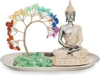 INNOLITES7 Chakra Crystal Tree and Buddha Statue Set, Yoga Meditation Decor, Money Tree and Buda Statues for Home Living Room Office Shelf Decoration Wealth and Luck（Silver）