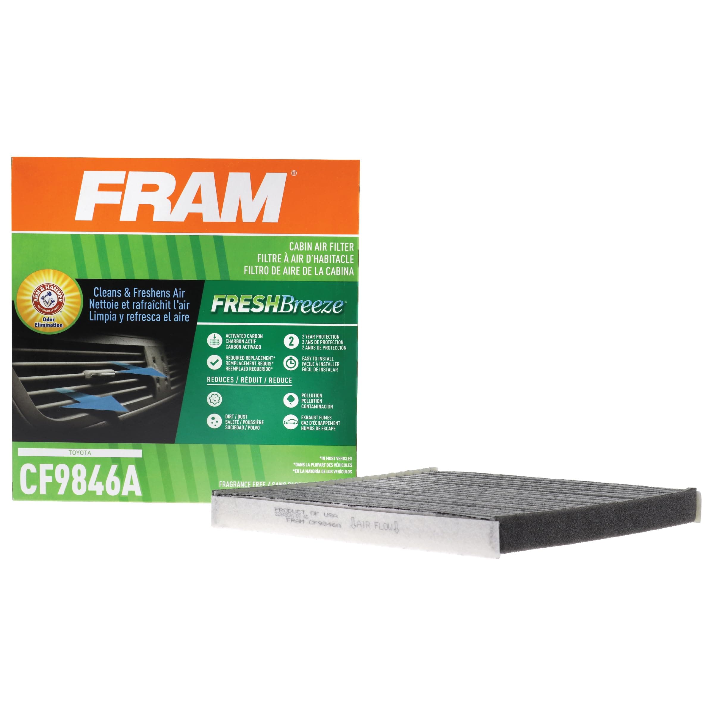 FRAM Fresh Breeze Cabin Air Filter Replacement for Car Passenger Compartment w/ Arm and Hammer Baking Soda, Easy Install, CF9846A for Subaru and Toyota Vehicles