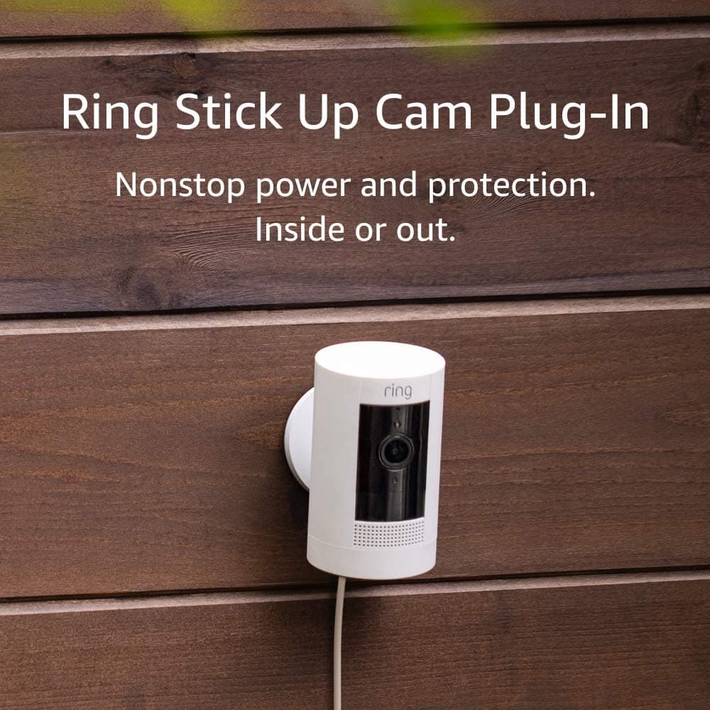 Ring Stick Up Cam Plug-In | Weather-Resistant Outdoor Camera, Live View, Color Night Vision, Two-way Talk, Motion alerts, Works with Alexa | White
