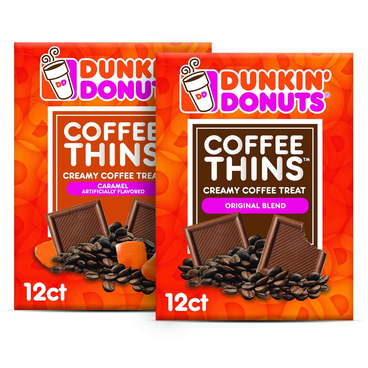 Dunkin’ Donuts Coffee Thins – Original & Caramel Variety Pack – 24 Creamy Coffee Treats (2 Bags)