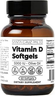 Santa Cruz Paleo Vitamin D3 5000 IU Softgels, Daily Supplement with Olive Oil for Men and Women, Formulated for Absorption, Supports Bone Health, Gluten Free, Sugar Free, Paleo, Keto, 60 Count