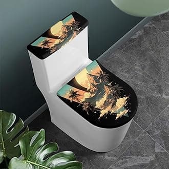 2Pcs Landscape Painting Toilet Seat and Tank Lid Covers with Elastic Bottom Palm Tree Mountain Cloud Toilet Seat Cover Decorations, Machine Wash