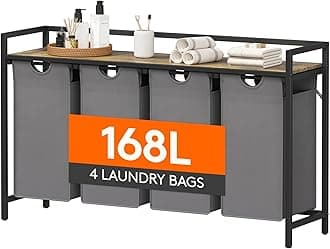 Lifewit Laundry Hamper 4 Section, 168L Pull out Laundry Clothes Basket Organizer with Large Top Shelf and 4 Removable Bags and Handles for Laundry Room Bedroom Bathroom, Gray with A Shelf
