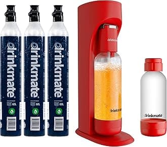 Drinkmate OmniFizz Sparkling Water and Soda Maker, Carbonates Any Drink, ULTIMATE BUNDLE - Includes three 60L CO2 Cylinders, Two Carbonation Bottles, and Fizz Infuser (Royal Red)