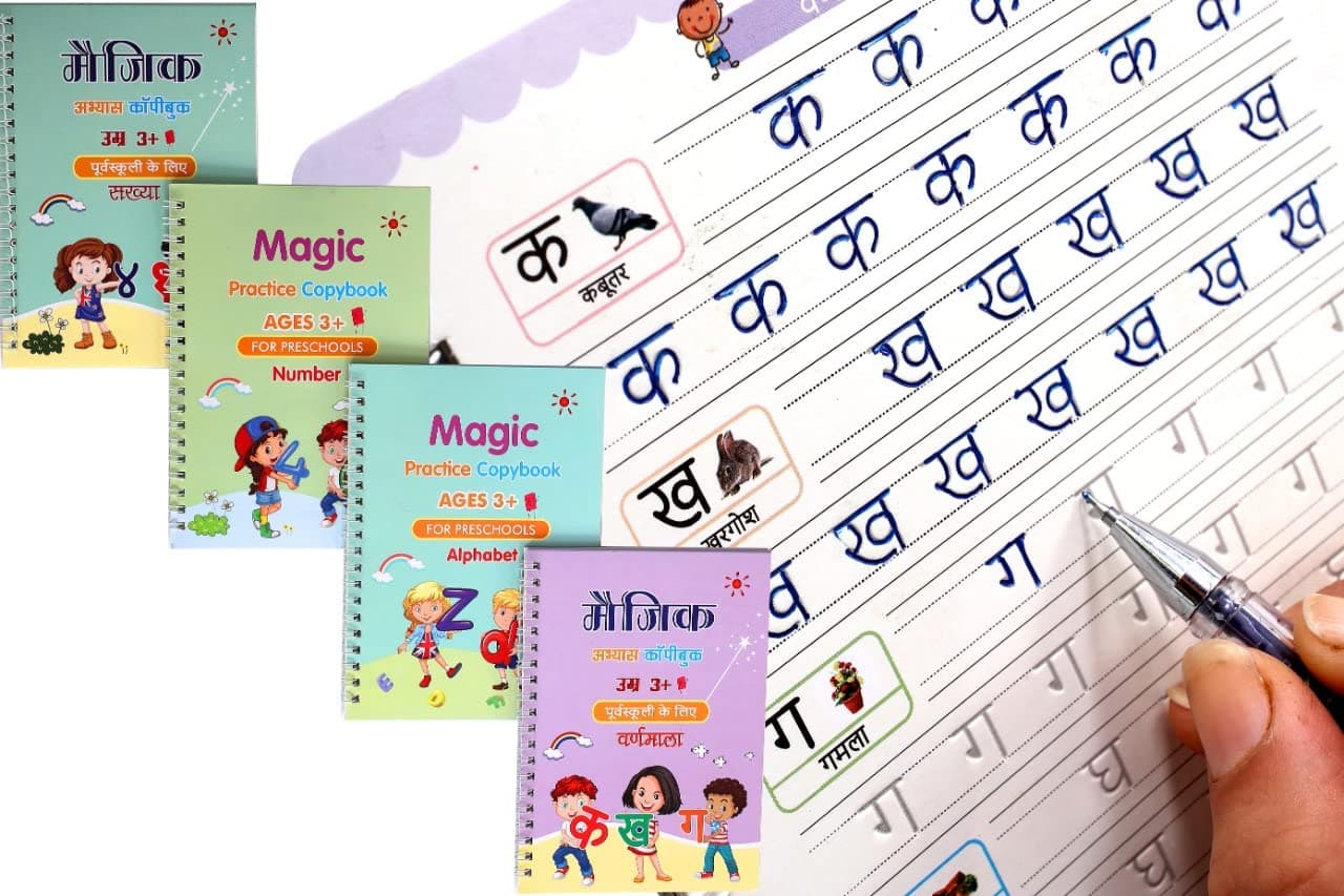 Hindi language and English language Magic Practice Copybook for Kids,Handwriting Practice Book 4 Pack with Pen Refill English Cursive Calligraphy Reusable Age 3-8 Unknown Binding