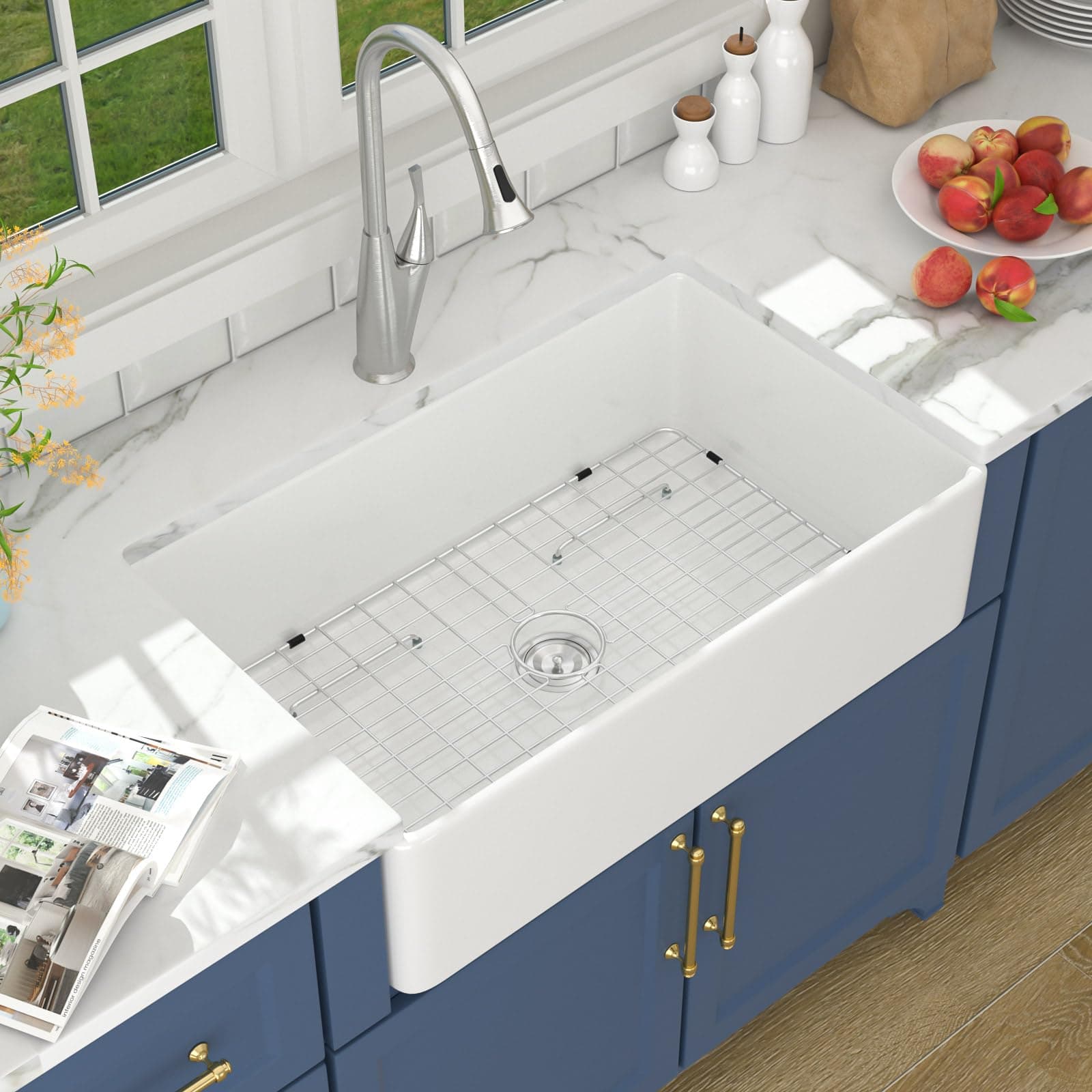 Lordear 30 Inch White Farmhouse Kitchen Sinks Apron Front Flat Fireclay 30x20 Porcelain Ceramic Farmers Single Bowl Farmer Sink Farm Sinks Basin Farm House Sink 30x20x10 Inch