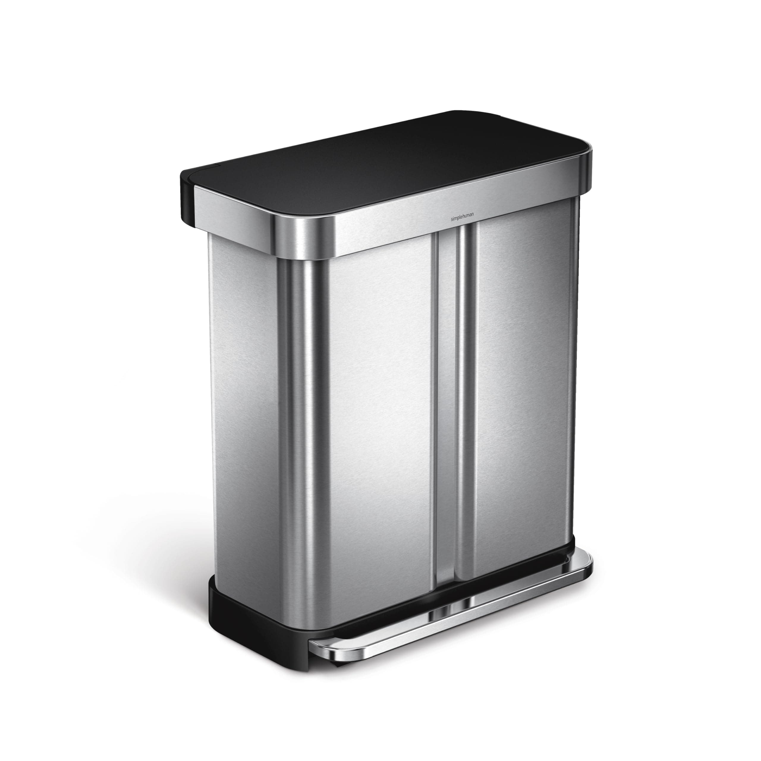 simplehuman 58L (34/24) Rectangular Recycling Double Kitchen Pedal Bin with Liner Pocket, Silent Soft Close Lid, Strong Wide Pedal, Dent-Proof Lid, Brushed Stainless Steel with Black Plastic Lid