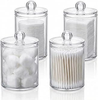 Cottonswab Storage Dispenser, Clear Cotton Ball Holder Cotton/Earbud Holder Storage Box, Cosmetics Makeup Storage Box for Women Organizer Container with Lid (Pack of 4)