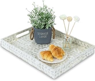 CLAYNIX Serving Tray 15.7" X11.8", Lacquer Mother of Pearl Inlay Mosaic Tray, Rectangle Wooden Marble Tray with Handles Trays for Tea, Breakfast in Bed, Table (White)