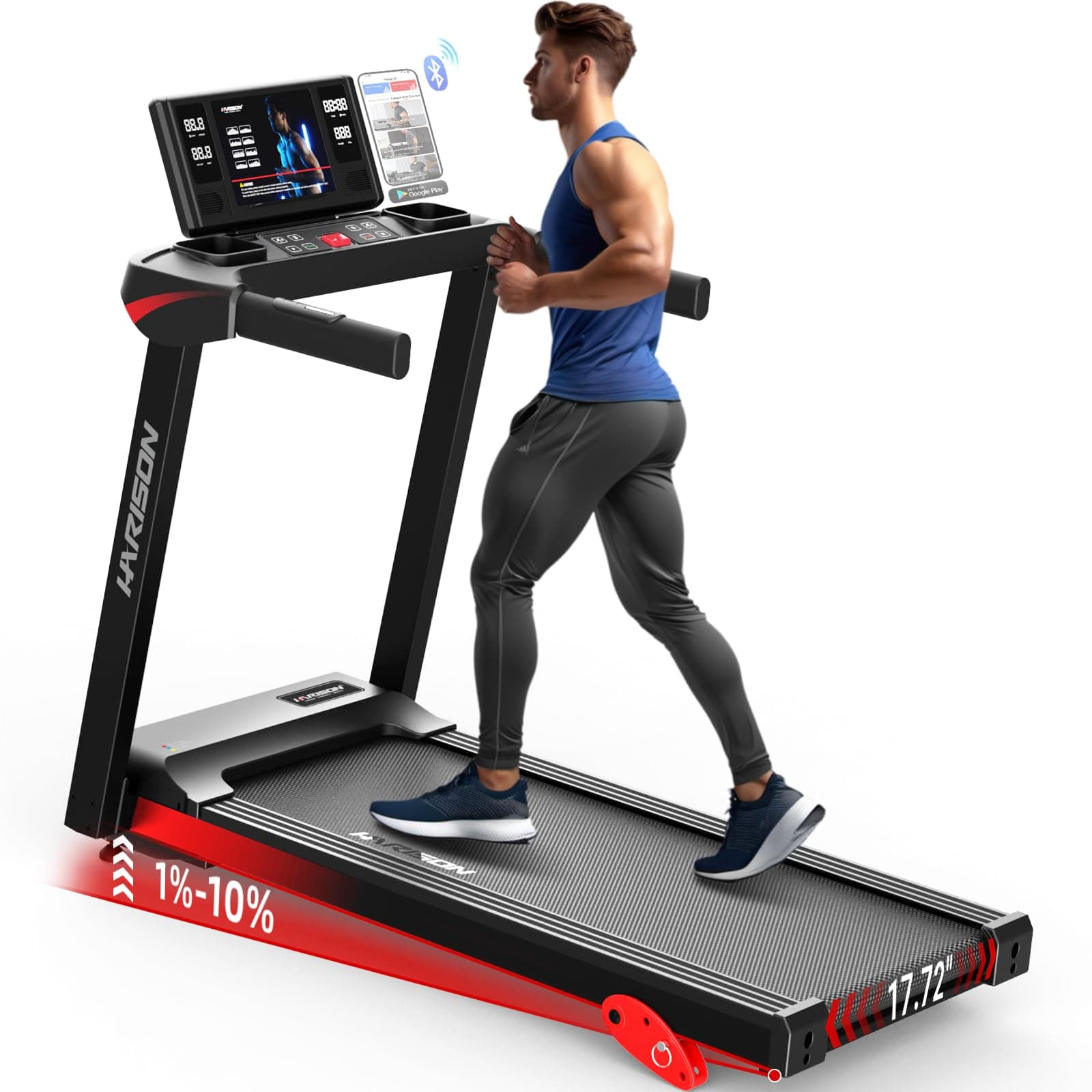 HARISON Treadmill for Home with Incline, 3.0HP Running Machine with 300 lbs Weight Capacity, 17.72" Wide Tread Belt, Bluetooth Speaker