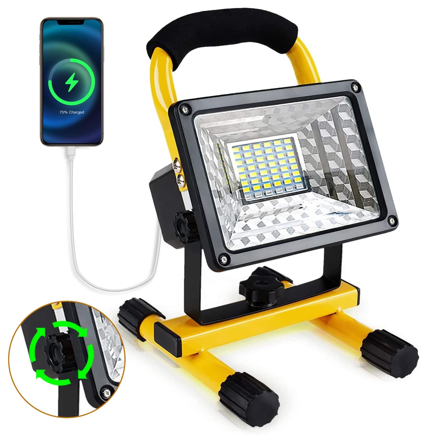 LANFU 30W 36 LED Cordless Portable Waterproof Flood Work Light with Stand (Cover),360° Rotate 90° Lean Rechargeable Battery Super Bright Worklight,Outdoor Job Site Construction Shop Lighting Yellow