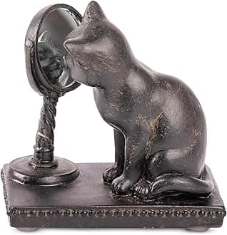 Young's Inc. Resin Cat Figurine with Mirror - 4'' L X 2'' W X 4'' H - Bronze / Black Cat Decor - Cat Desk Accessories