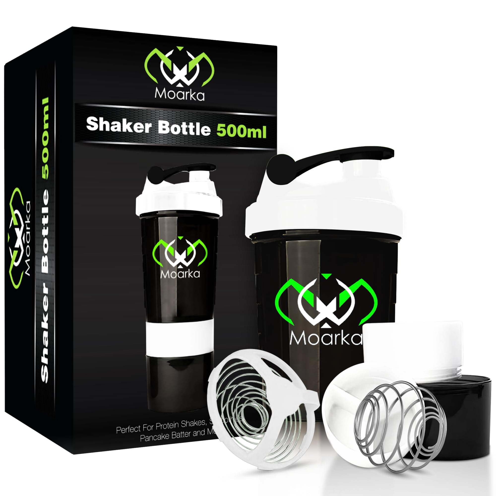Protein Shaker Bottle - Leak Proof Protein Mixer Cup - Non-Slip Gym Protein Mixing Bottle with Supplement and Pill Storage Container (White & Black)