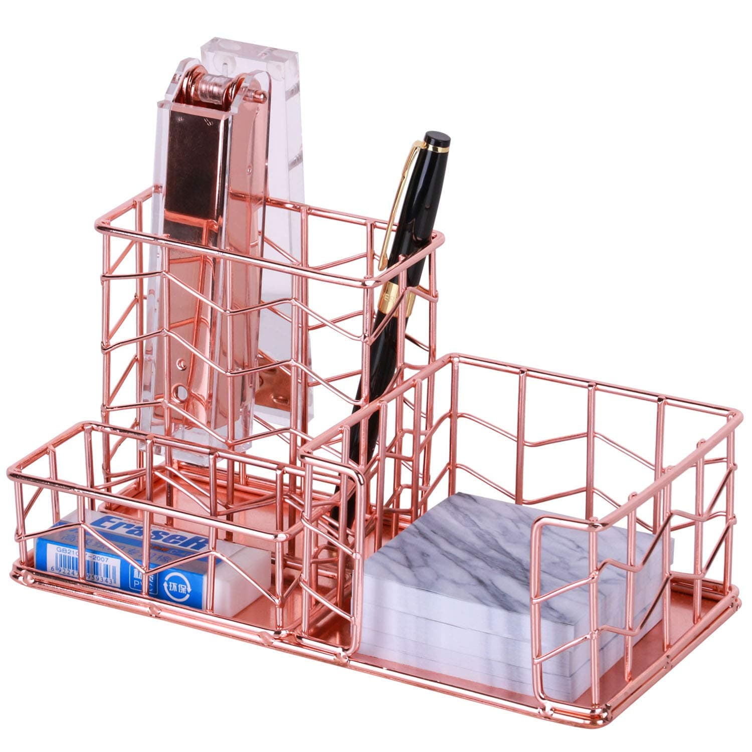 Rose Gold Sticky Note Plus Pen Holder Metal Desk Organizer Accessories- Pen, Memo, Business Holder, Wire Supplies Organizer Storage for Home, Office and School