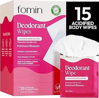 Acidified Travel Deodorant Wipes For Women & Men - 15 Count - Patchouli Blossom - pH Balanced, Mini Deodorant Travel Size Wipes - Plastic-Free, Individually Wrapped Underarm Body Wipe