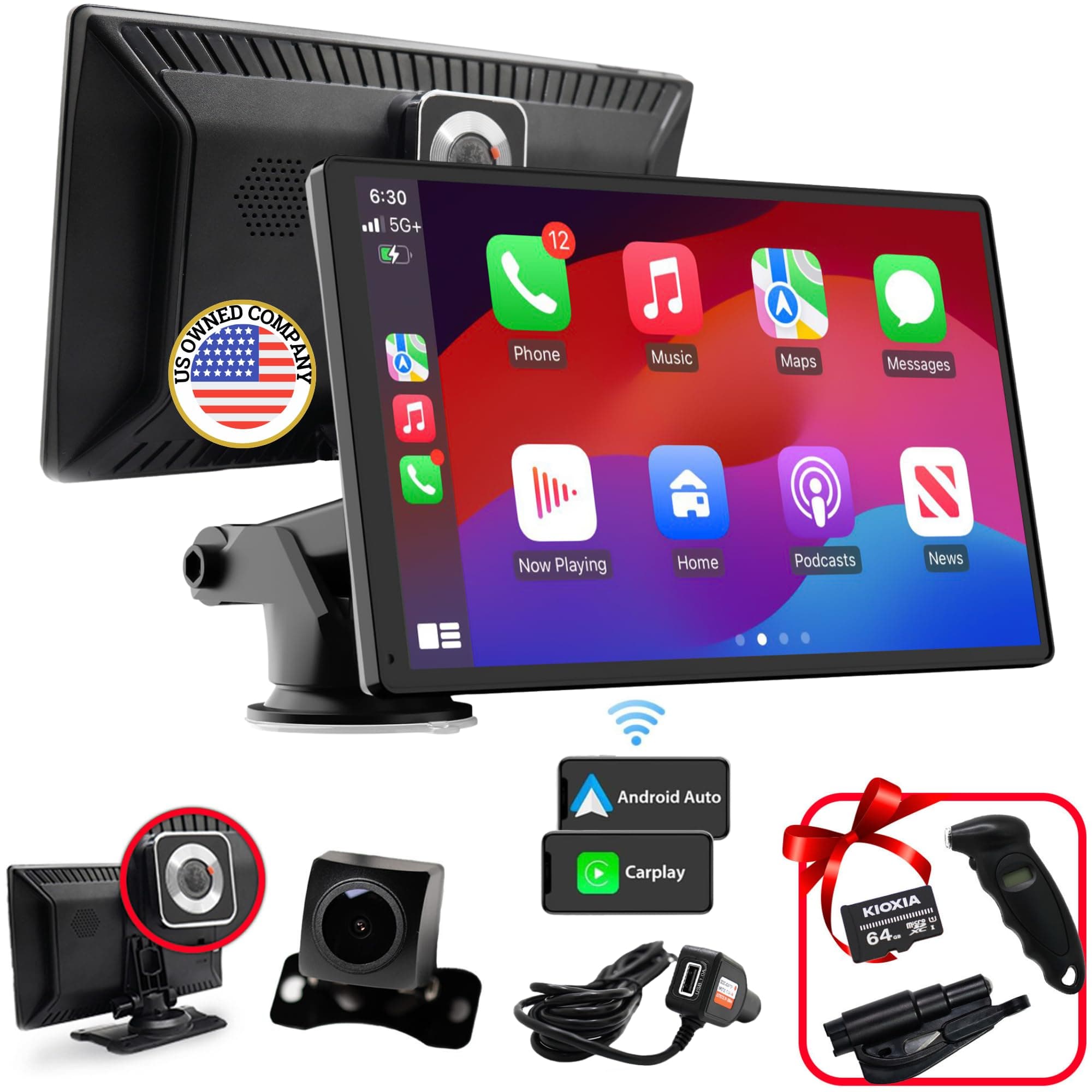 [NEW 2025] Portable Wireless Apple Carplay & Android Auto | 4K Dash Cam, 9" Touch Screen | Car Stereo Car Accessories | 1080p Backup Camera | Dual Bluetooth, Car Adapter Speaker Mirror Link/AUX/FM/GPS