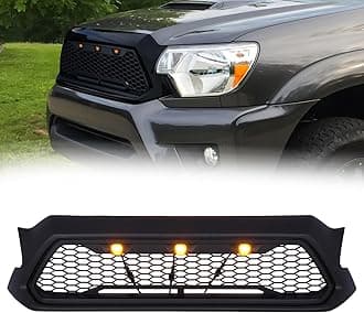 Front Upper Mesh Grille LED Grill Compatible with 2012-2015 Toyota Tacoma w/LED Lights Black