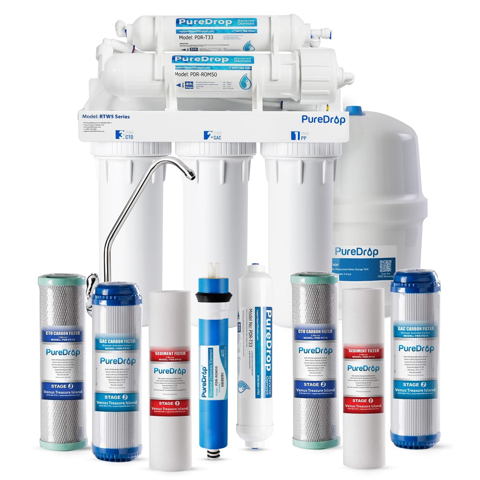 - RTW5 SGS-Tested 5 Stage Reverse Osmosis Water Filter System with Innovative Top-Mounted Faucet Design, TDS Reduction 50 GPD Under Sink RO Water Filtration Plus Extra 3 Filters