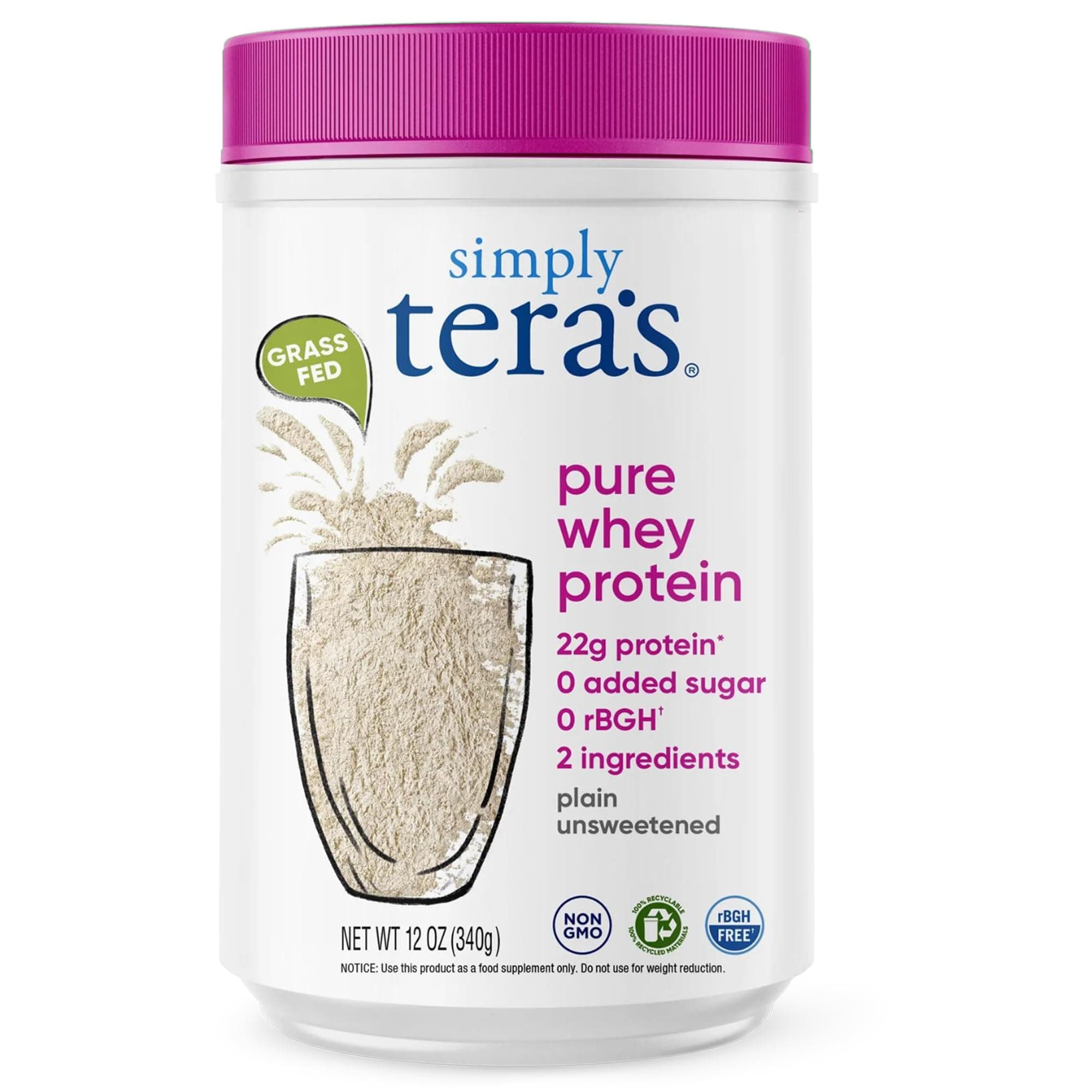 simply tera's Pure Whey Protein Powder - Grass Fed Whey Protein Powder, Clean Protein Powder, Natural Protein Powder with Whey Protein, Unflavored Protein Powder, Non-GMO, Kosher, Unsweetened - 12 Oz