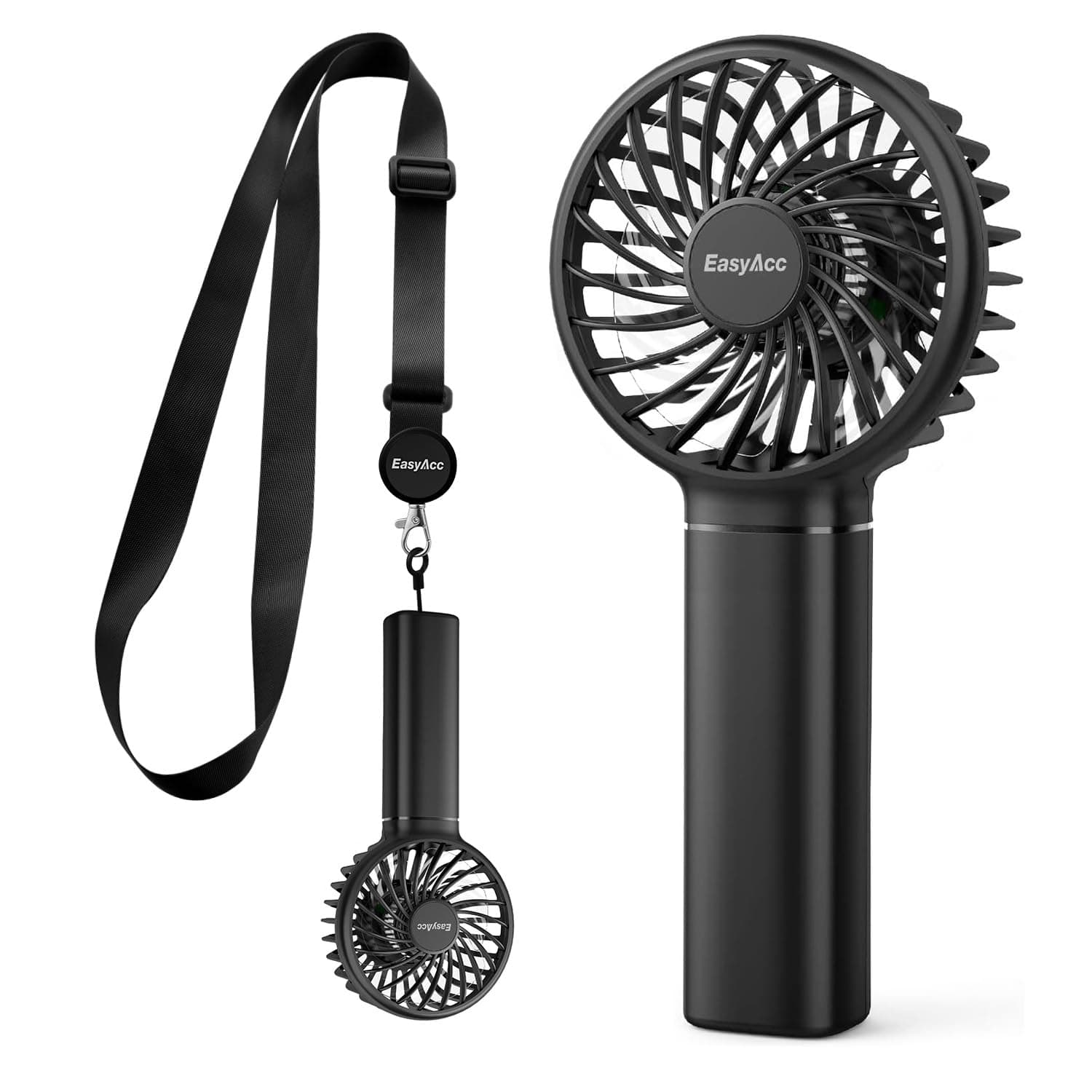 EasyAcc Mini Handheld Fan, Powerful Desk Fan 3000mAh Up to 15Hours with Lanyard & Detachable Base 3 Speed USB C Rechargeable Portable Fan Quiet Personal Pocket for Kids Girl Women Travel Home-Black