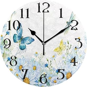Butterfly Wall Clock Butterflies Clock Wall Decor Battery Operated Floral Clocks Daisies Wall Clock with Butterflies 9.5 in Non Ticking Quartz Analog Bathroom Clock