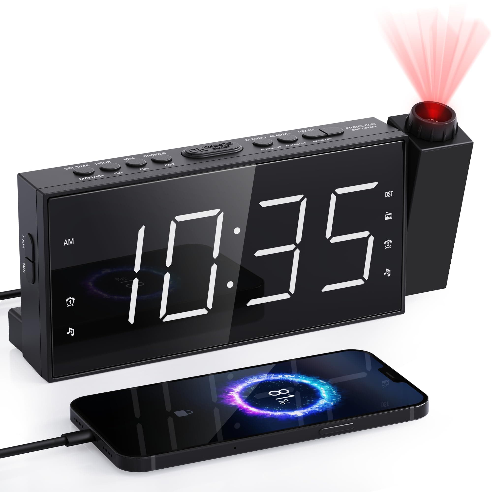 Projection Alarm Clock with FM Radio,Large Number Display & Dimmer,USB Charger,Sleep Timer,Battery Backup,Dual Alarms,Clock Radio for Bedroom Heavy Sleepers