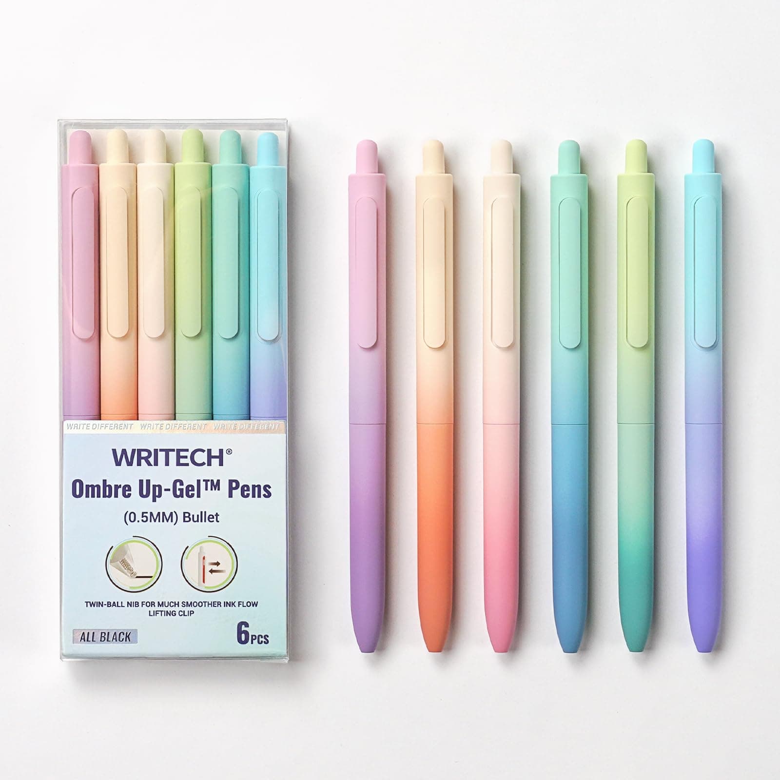 WRITECH Fine Point Gel Pens: 0.5mm Retractable Black Ink 6ct Smooth Writing No Bleed with Aesthetic Gradient Color Pen Barrel for Journaling Note Taking Sketching