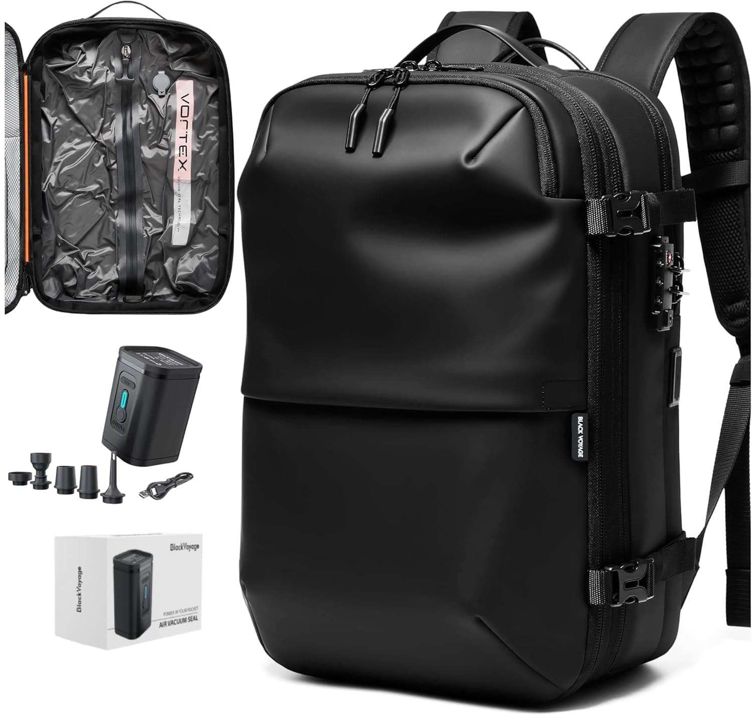 - BlackVoyage Vortex Vacuum Seal Travel Backpack 60L Expandable Air Compression System Water Resistant TSA Lock Carry-On Suitcase Luggage Black AERO - Vacuum Pump Included