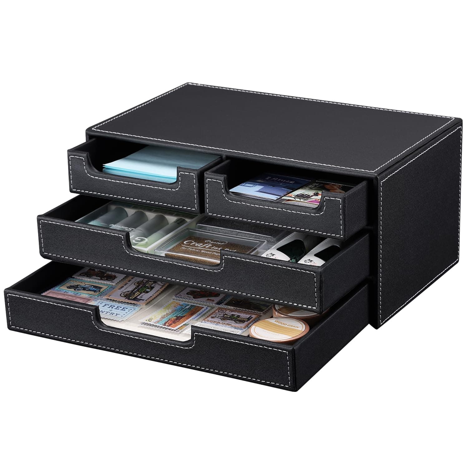 KINGFOM PU Leather Desk Organizer with 4 Drawers Small, Desktop Organizer Drawer for Office Supplies Accessories, Stationery Storage Box Bills Collection Holder Black