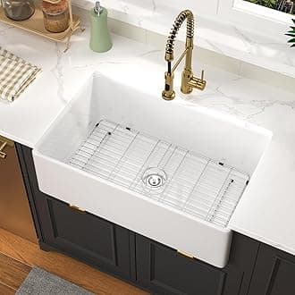 Farmhouse Sink -GhomeG 30 Inch White Fireclay Apron Front Kitchen Sinks Single Bowl 9 Inch Deep Ceramic Farm Sink with Accessories 30x20X9 Kitchen Sinks