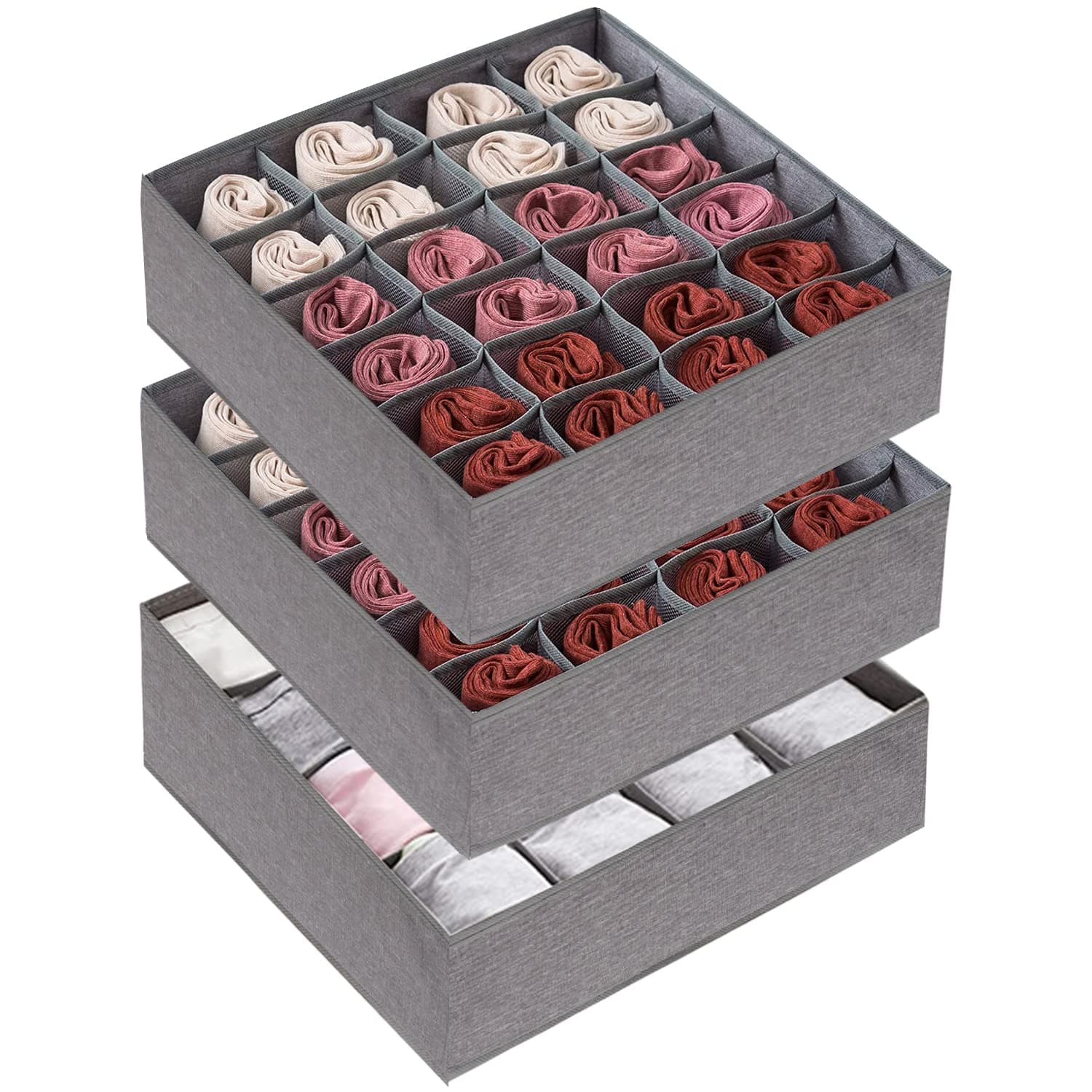 Mounay 3 Pack Bra Underwear Drawer Organizer Dividers, Multiple Cell Fabric Foldable Dresser Closet Organizers and Storage Boxes for Baby Clothes, Bra, Socks, Underwear, Ties (24+24+16 Grid)