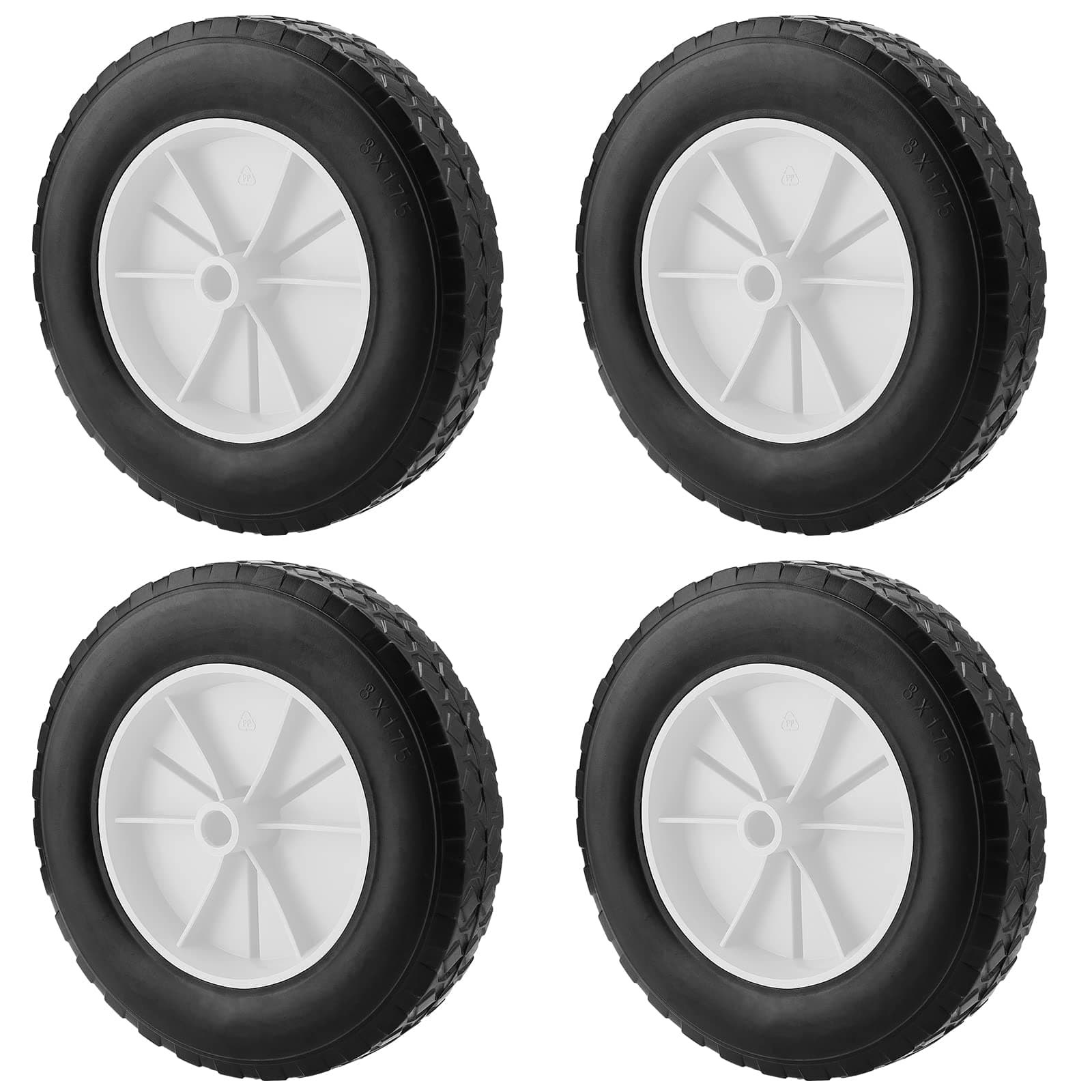 PINGEUI 4 Pack 8 x 1.75 Inch Lawn Mower Wheels, Solid Rubber Hand Truck Wheel, 1/2 Inch Axles, Plastic Wheel with Diamond Tread for Hand Trucks, Lawn Mowers, Wheelbarrow