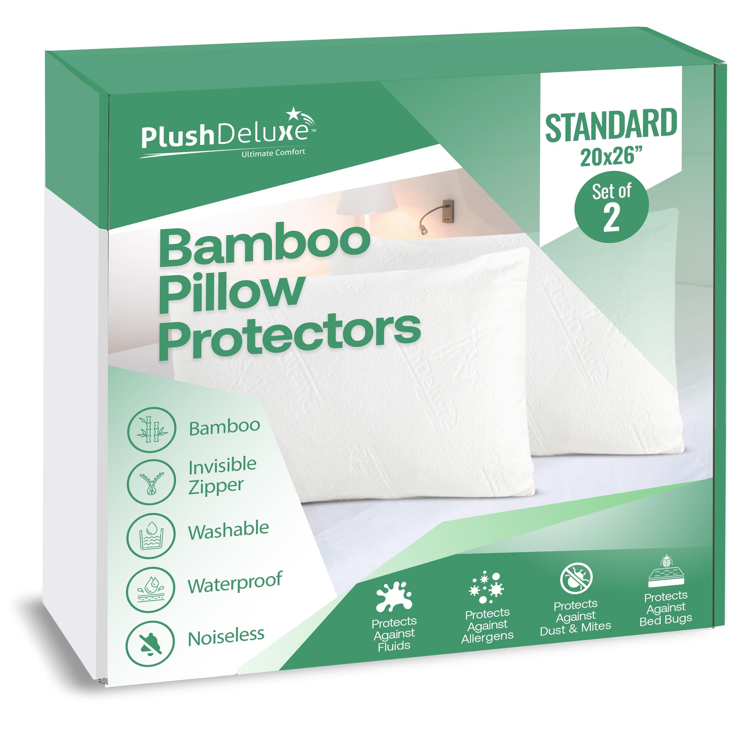 Premium Standard 20''x 26'' Waterproof Pillow Protector Covers - Zippered Pillowcase, Set of 2 Size: 20''x 26''