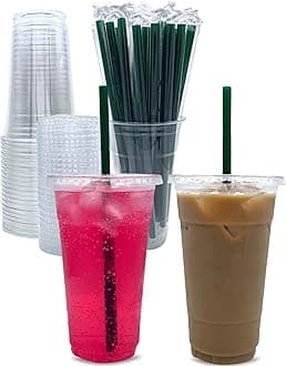 Aatriet [50 Sets] 24 oz Clear Plastic Cups with Lids and STRAWS, Disposable Party Cups for To Go Iced Coffee Cold Drinks, Smoothie, Juice, Parfait, Frappuccino, Milkshake. No Leaking Fruit Cup