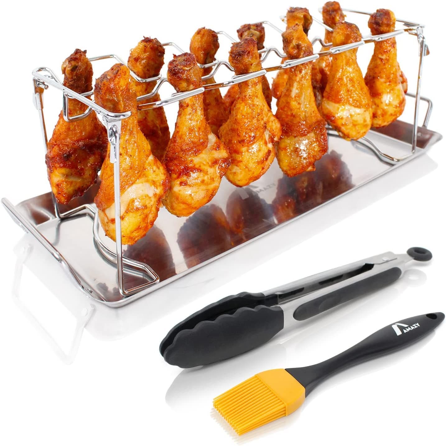 Amazy Chicken Leg Holder Including Collection Tray + BBQ Brush + Roasting Tongs - High Quality Stainless Steel Poultry Holder for Evenly Cooked Chicken Drumsticks from the Oven or Grill