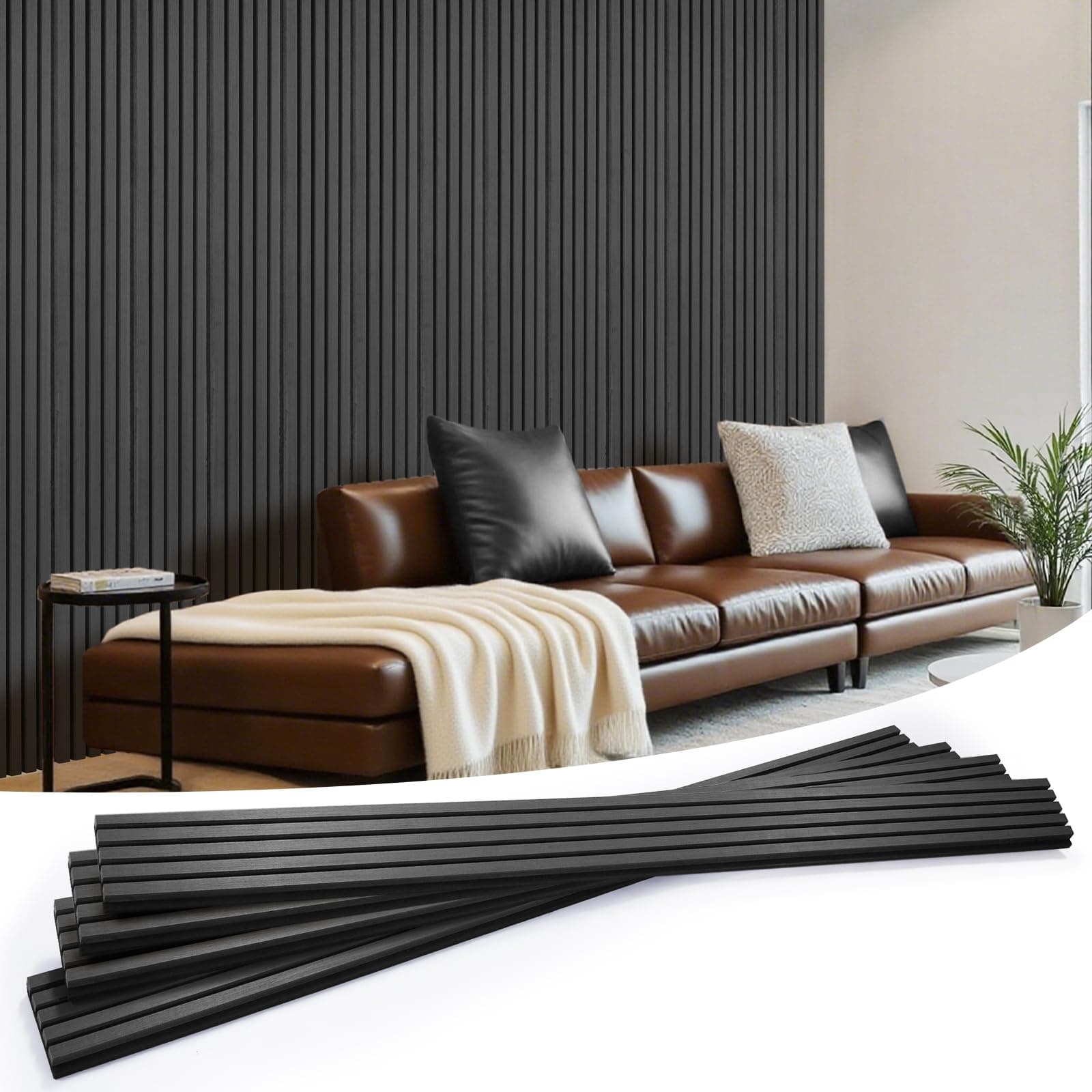 Wood Slat Wall Panels 4 Pack 94.5" x 7.9", Acoustic Wooden Panel for Wall, Soundproof 3D Fluted Panels for Interior Wall Decor, Living Room, Bedroom - Black (Cover Approx.21 sq.ft)