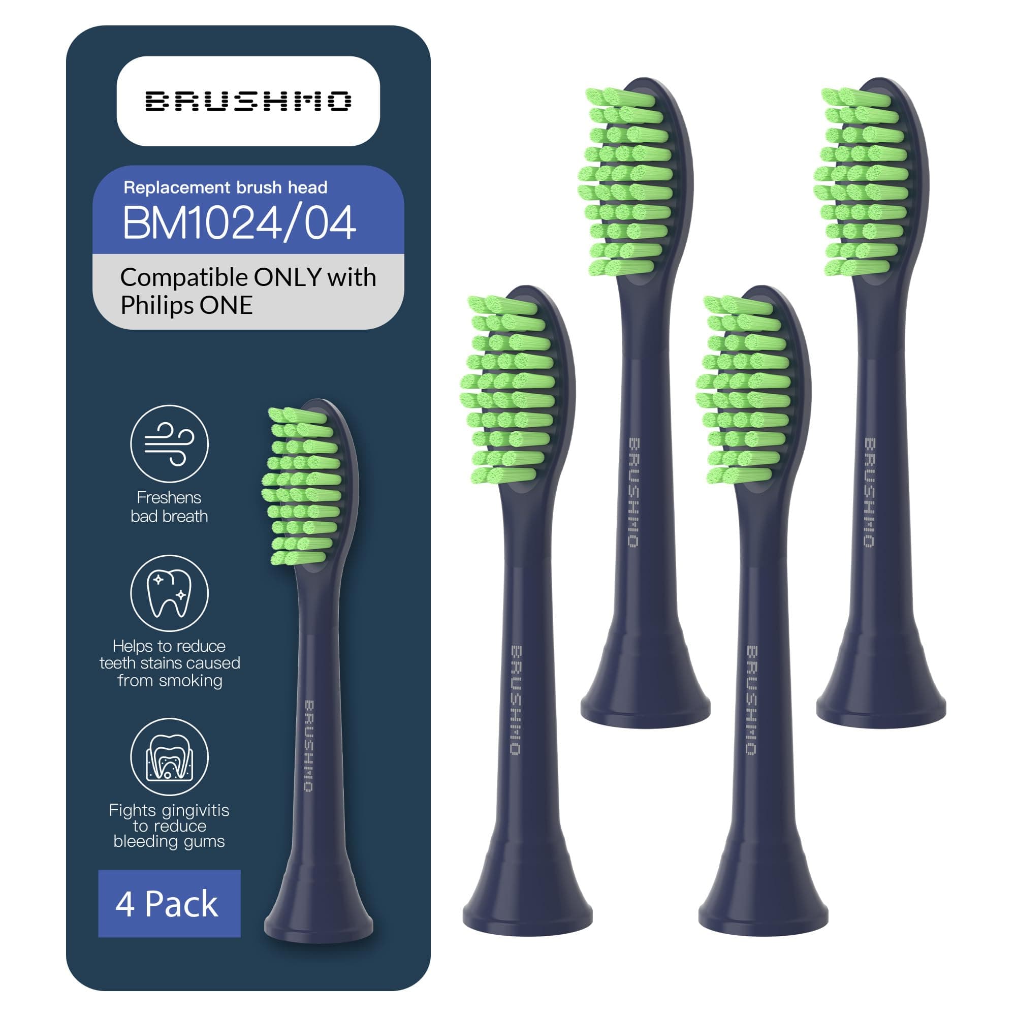 Replacement Toothbrush Heads, Compatible with Philips One for Sonicare Electric Toothbrush Handles HY1022, 4 Standard Heads with Tongue Cleaner, Soft DuPont Bristles, BM124m Midnight Navy Blue