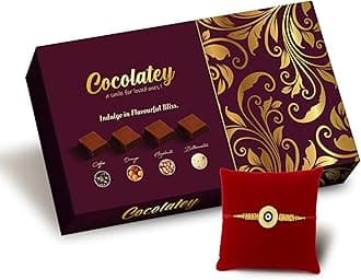 Oriole Gifts Rakhi with Chocolate Gift Hamper for Brother, Sister, Bhabhi and Kids | Single Golden Evil Eye Rakhi, 8 Exotic Chocolate Bites Combo Set with Raksha Bandhan Greeting Card