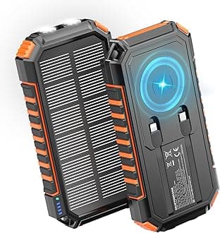 Wireless Solar Power Bank 27000mah, Riapow 22.5W Solar Charger with Built-in 2 Cables, USB C PD QC 3.0 Fast Charging Output, Dual Flashlights External Battery Pack for Phone Tablet Camping (Orange)